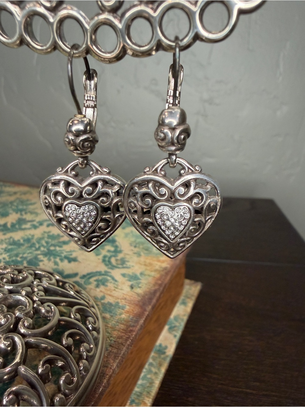 Brighton Silver Tone Heart Filigree Drop Earrings with Crystal Center